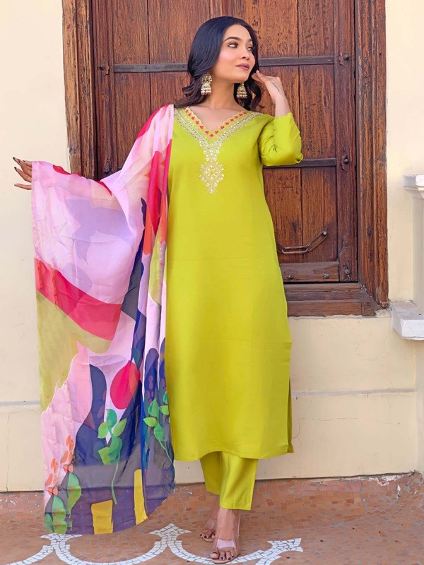 Lime Yellow Viscose Silk Readymade Kurti